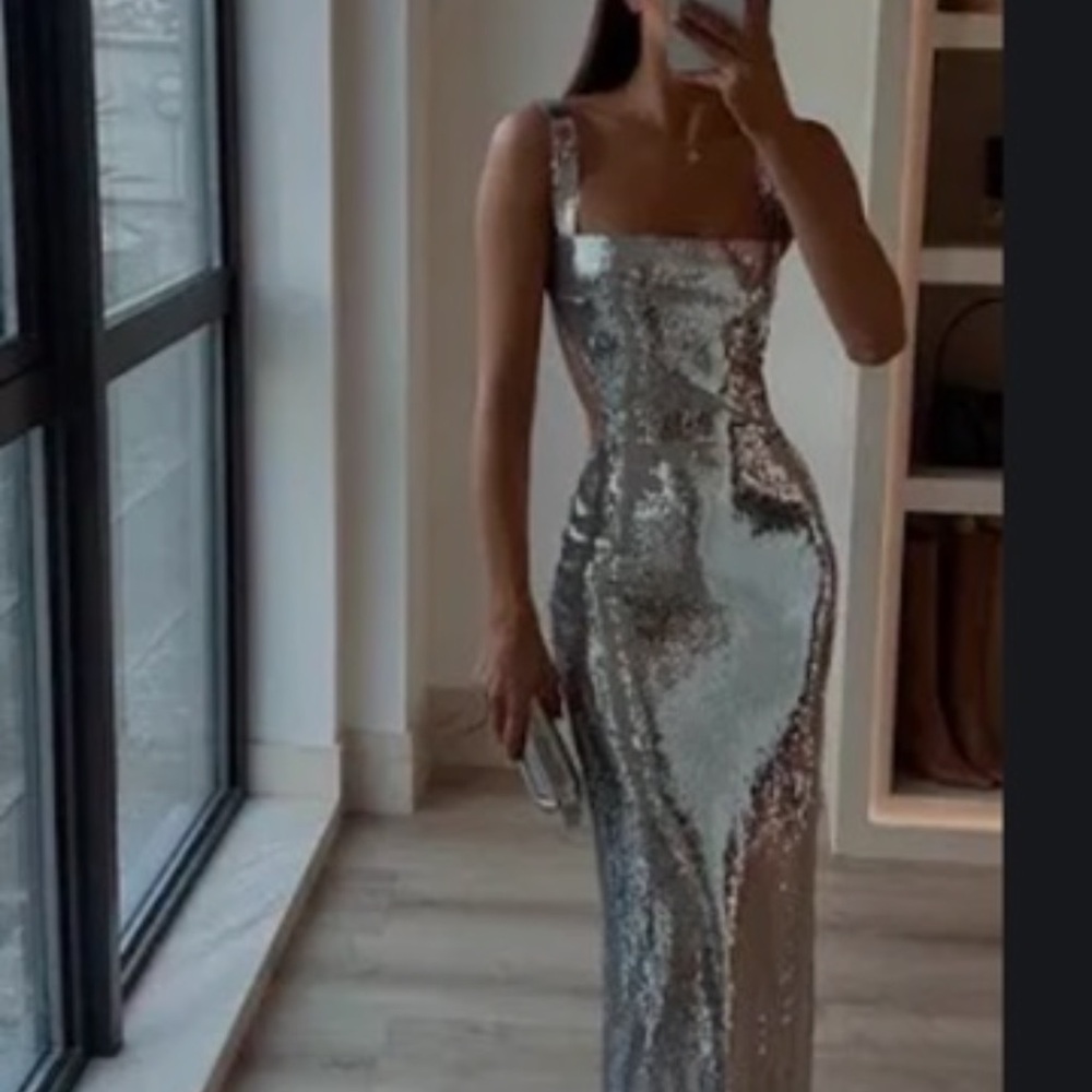 Meshki Adoria Silver Sequin Maxi Dress